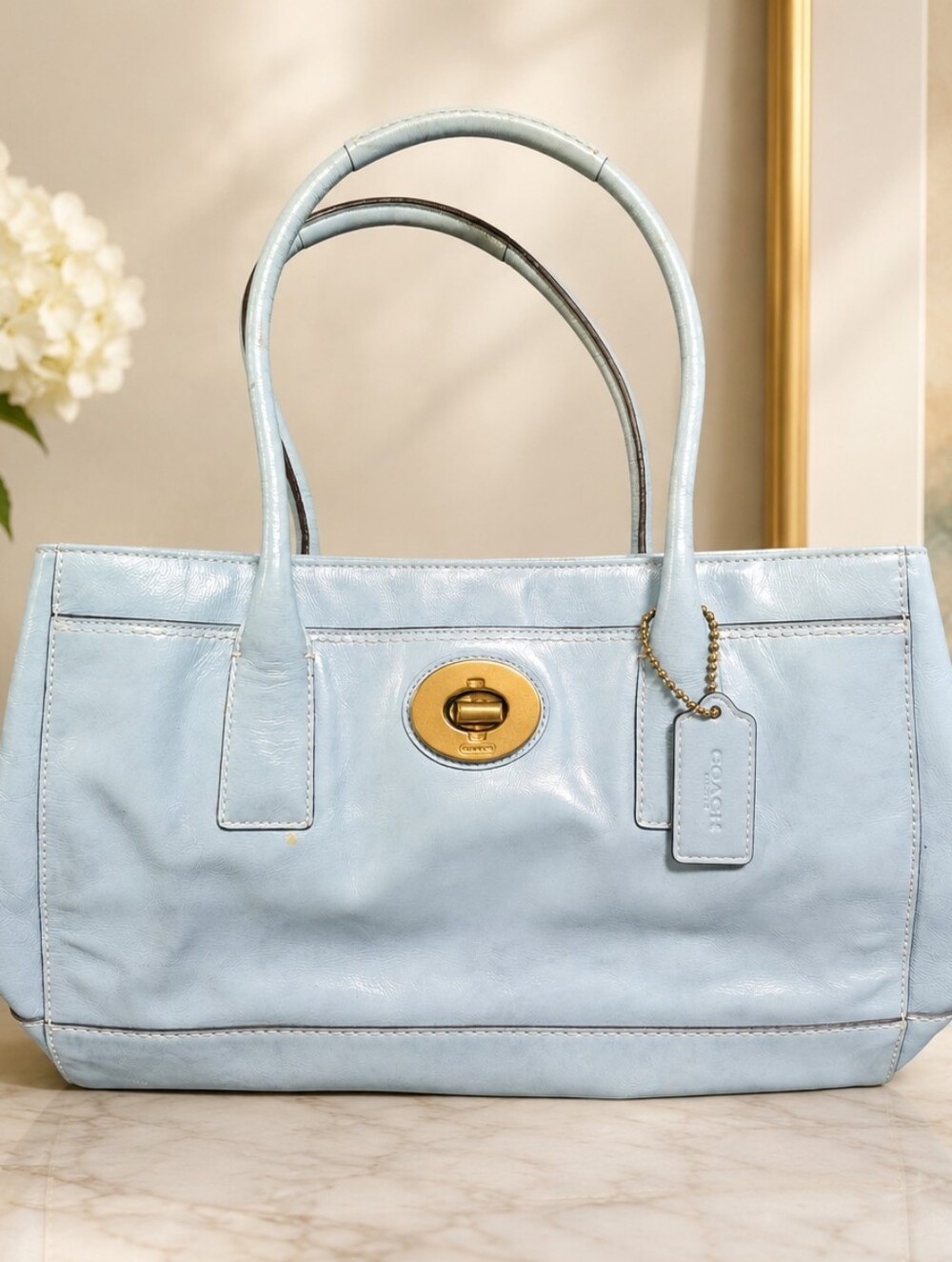 Vintage Coach Patent Leather Tote Bag Baby Blue Shoulder Purse Y2K